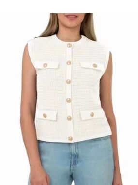 Blank NYC Sweater Knit Vest Preppy Size Small Cream and Gold Buttons Classic